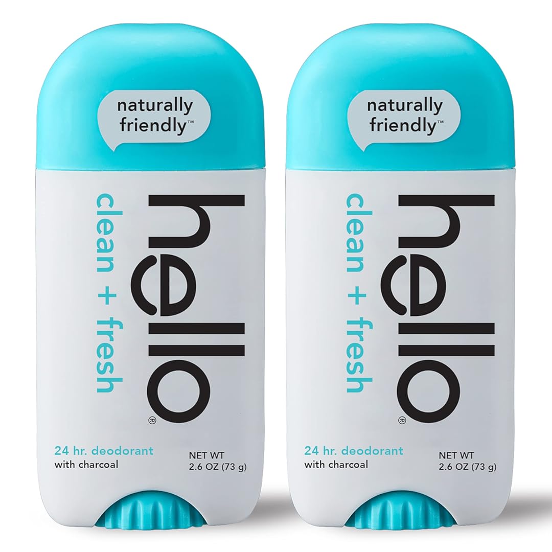 hello Activated Charcoal Fresh and Clean Deodorant for Women + Men, Aluminum Free, Baking Soda Free, Parabens Free, 24 Hour Odor Protection, 2.6 Ounce, 2 Pack