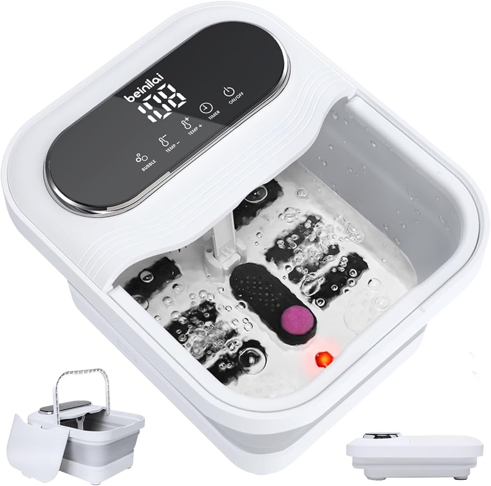 Beinilai Collapsible Foot Spa with Heat, Bubble and Temperature Control, Foot Bath Massager with Touch Screen and Massage Rollers, Foot Soaking Tub, Pedicure Foot spa for Stress Relief (White)