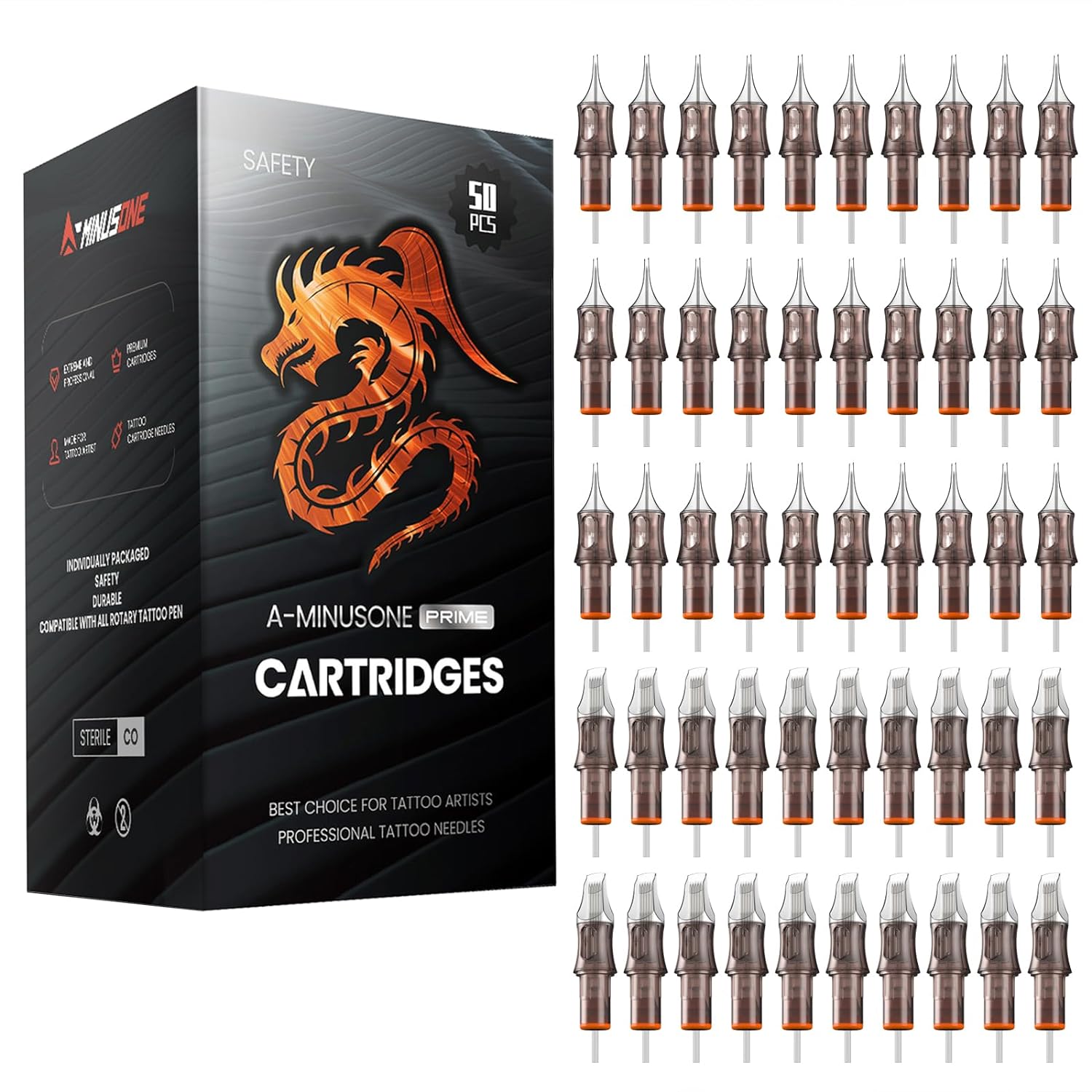50 Assorted Tattoo Cartridge Needles Mixed Size #10 Bugpin Round Liner Shader Magnum - 5Pcs each of 5RL, 7RL, 9RL, 11RL, 5RS, 9RS, 15M1, 21M1, 15RM, 21RM Pro Disposable Membrane Tattoo Needles