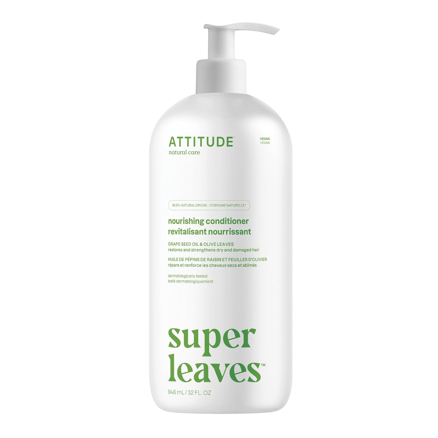 ATTITUDE Nourishing Hair Conditioner, Dermatologically Tested, Plant- and Mineral-Based, Vegan, Grapeseed Oil and Olive Leaves, 32 Fl Oz