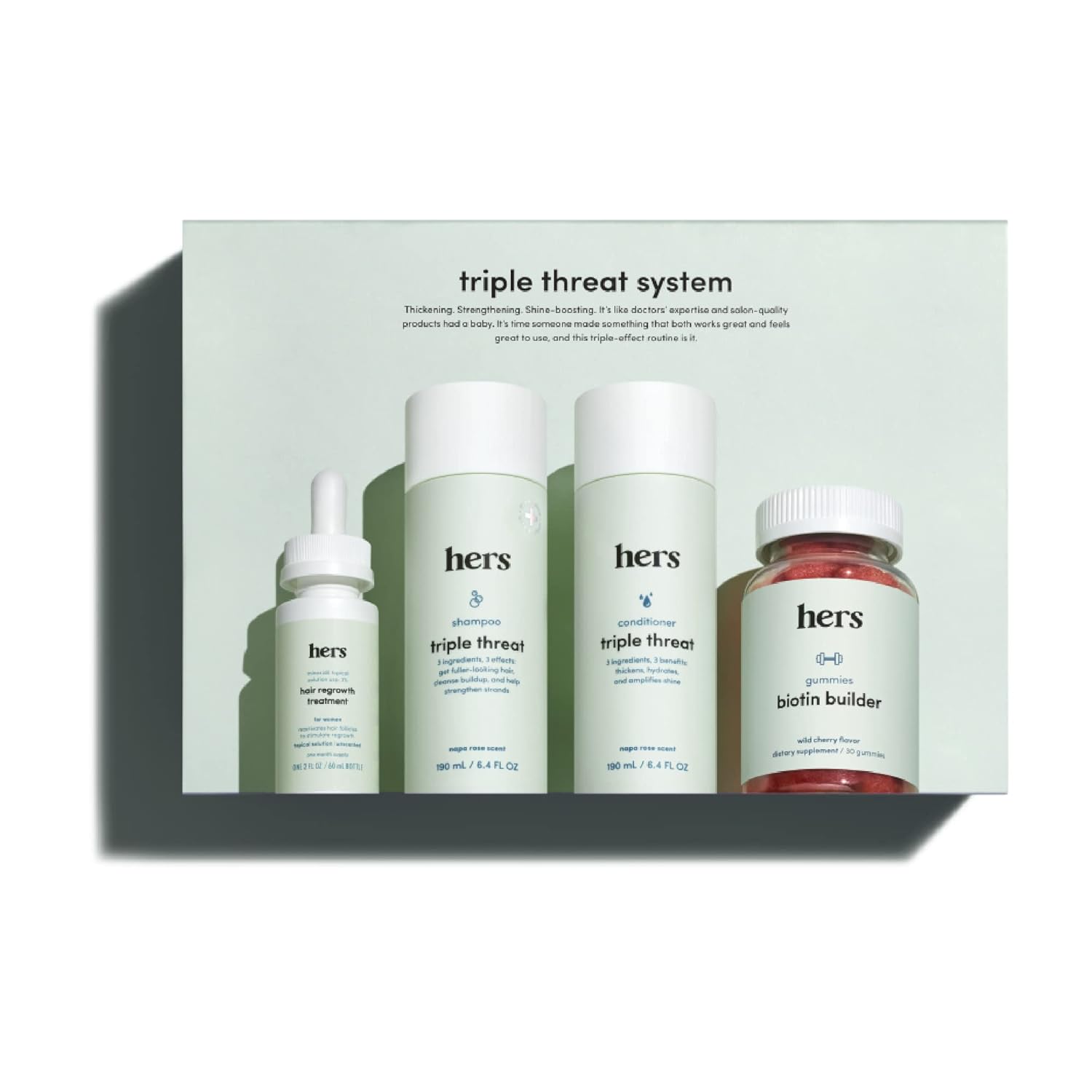 HIMS & HERS hers Triple Threat System Total Hair Package to Supports Hair Growth Minoxidil 2%, Shampoo, Conditioner, Biotin Hair Kit - 4pc