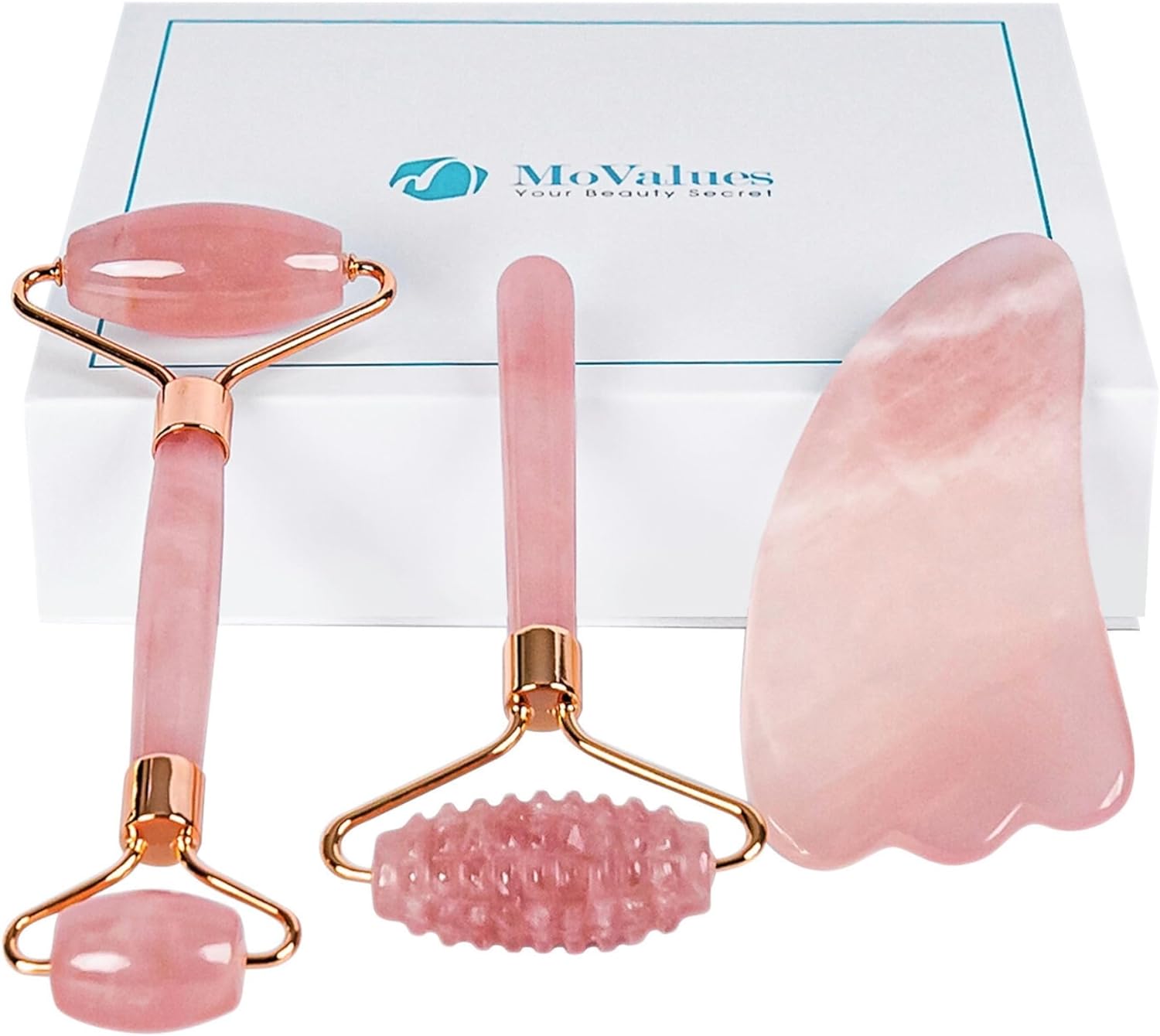 4-in-1 Jade Roller and Gua Sha Set. Rose Quartz Roller with Eye Massager, Jade Gua Sha, Ridged Roller Massager. Jade Roller for Face Real Jade 100% Jade Stone Roller. Facial Massager Ice Roller