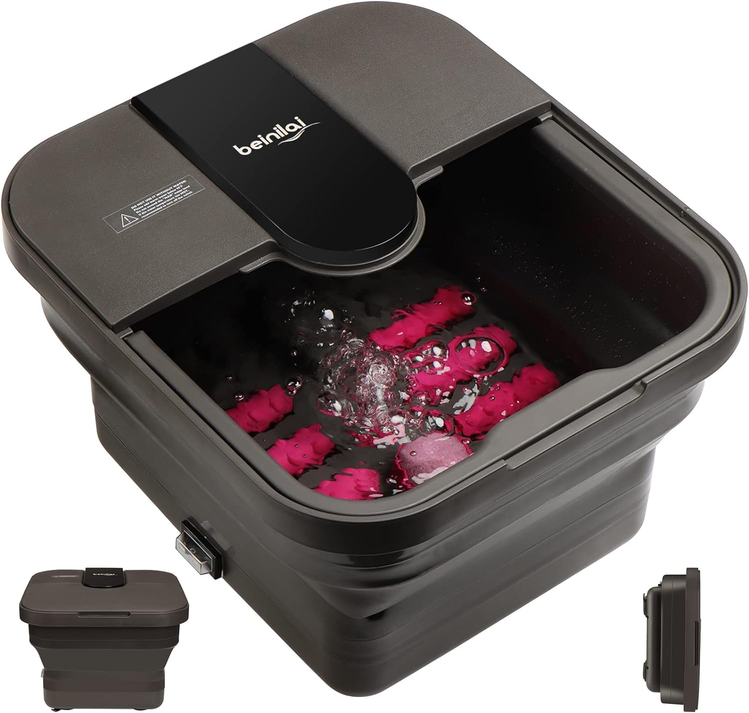 Beinilai Collapsible Pedicure Foot Spa with Heat and Massage and Bubble Jets,Foot Soak Tub with 6 Foot Rollers,Acupressure Massage Points,Red Light and Removable Pumice Stone(Dark Grey)