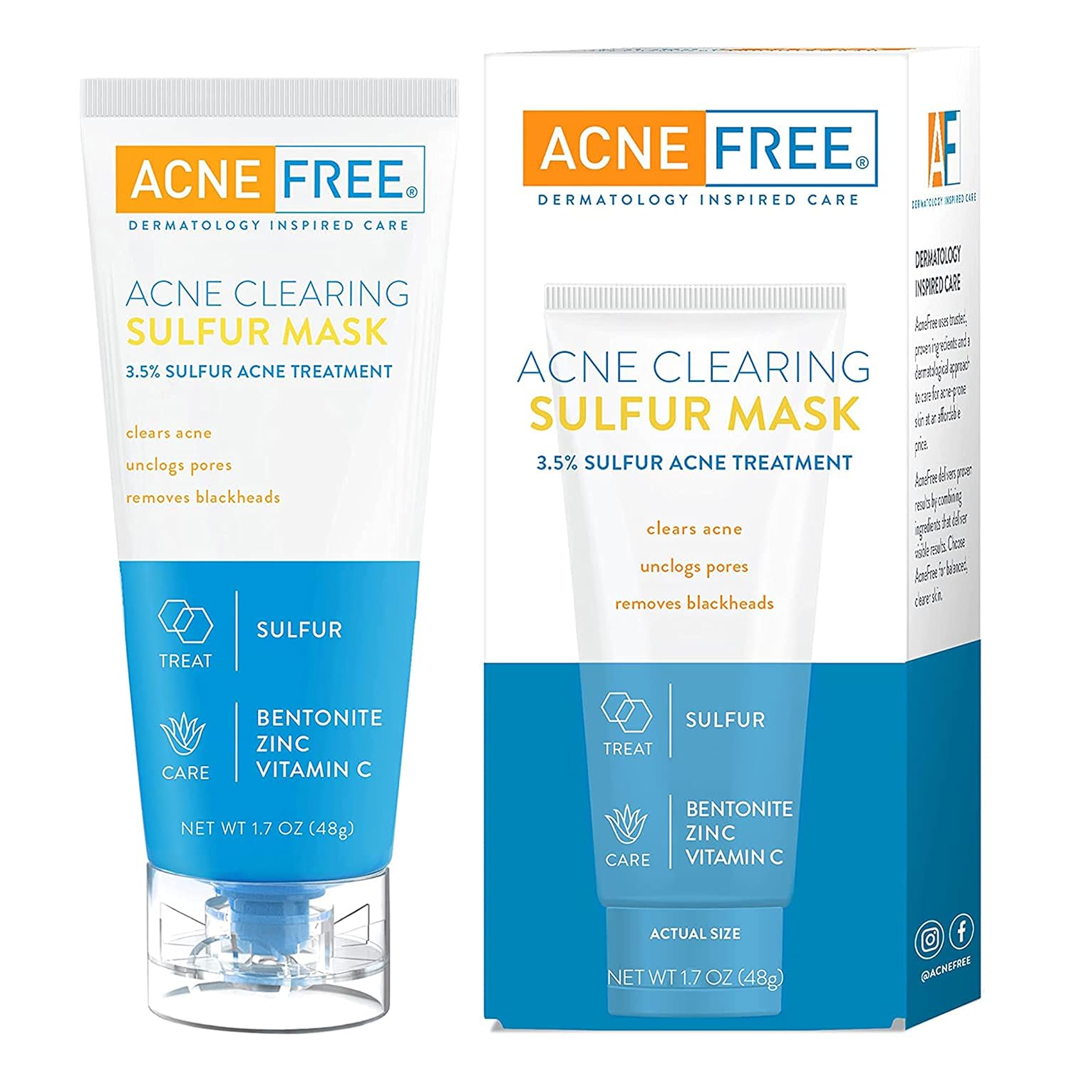 AcneFree Acne Clearing Sulfur Mask 1.7 oz Absorbs Excess Oil and Unclogs Pores with Vitamin C and Bentonite Clay