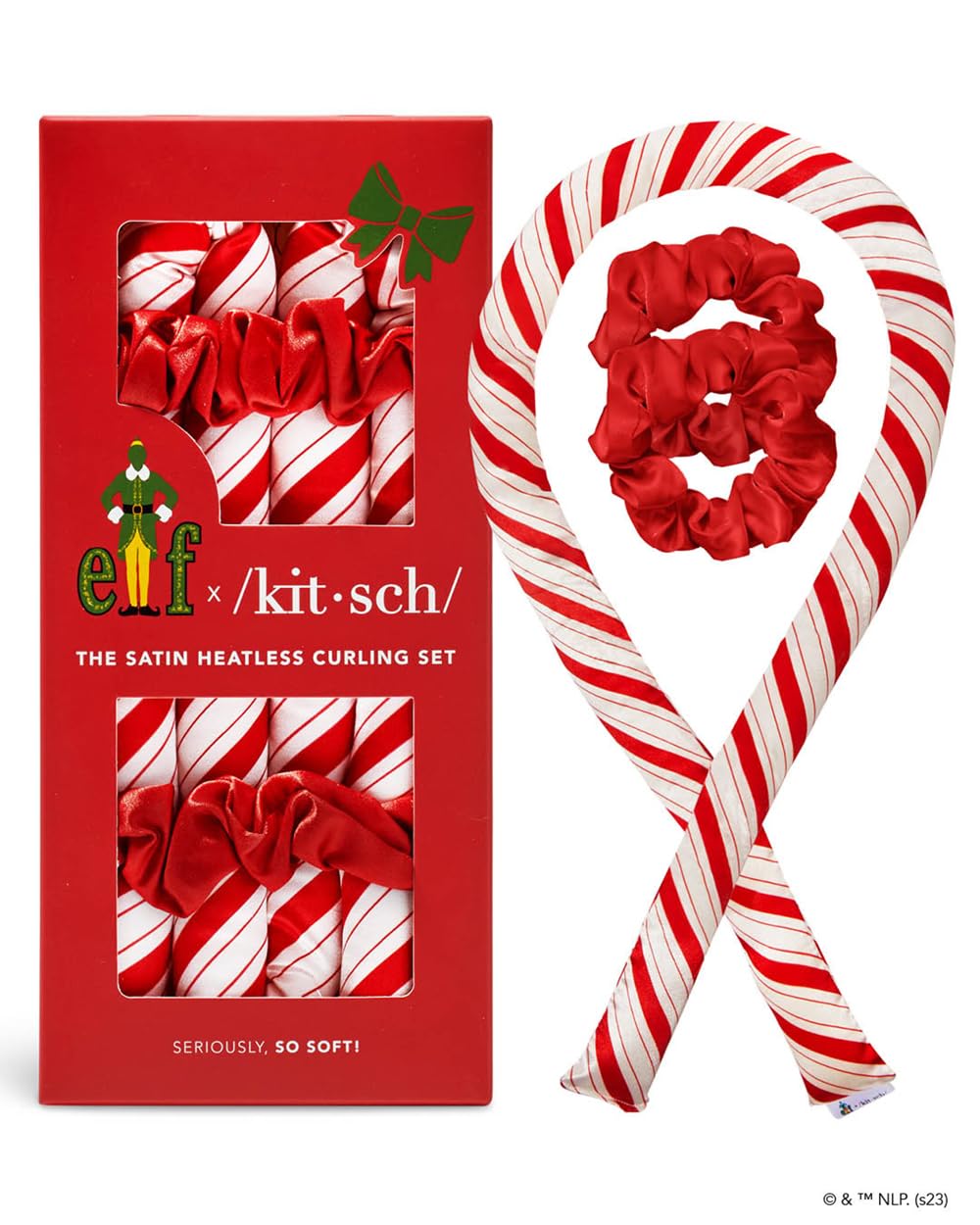 Elf x Kitsch Satin Heatless Curling Set - Hair Rollers for Heatless Curls | Heatless Hair Curlers for Overnight Curls | No Heat Hair Curlers to Sleep in | Heatless Curling Rod Headband - Candy Cane