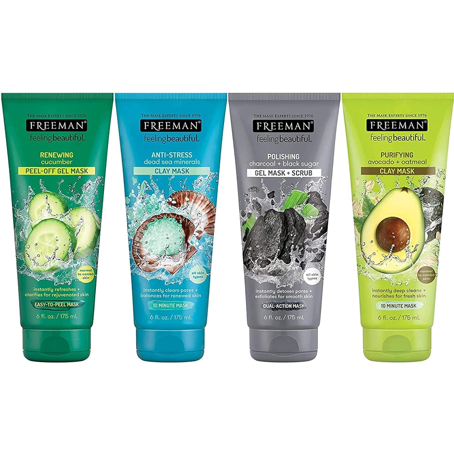FREEMAN Facial Mask Variety Pack: Oil-Absorbing Clay, Renewing Peel-Off, Hydrating Gel, Polishing Charcoal Multiuse Face Masks, Variety Mask Set, Vegan & Cruelty-Free Skincare, 6 fl oz Tubes, 4 Pack