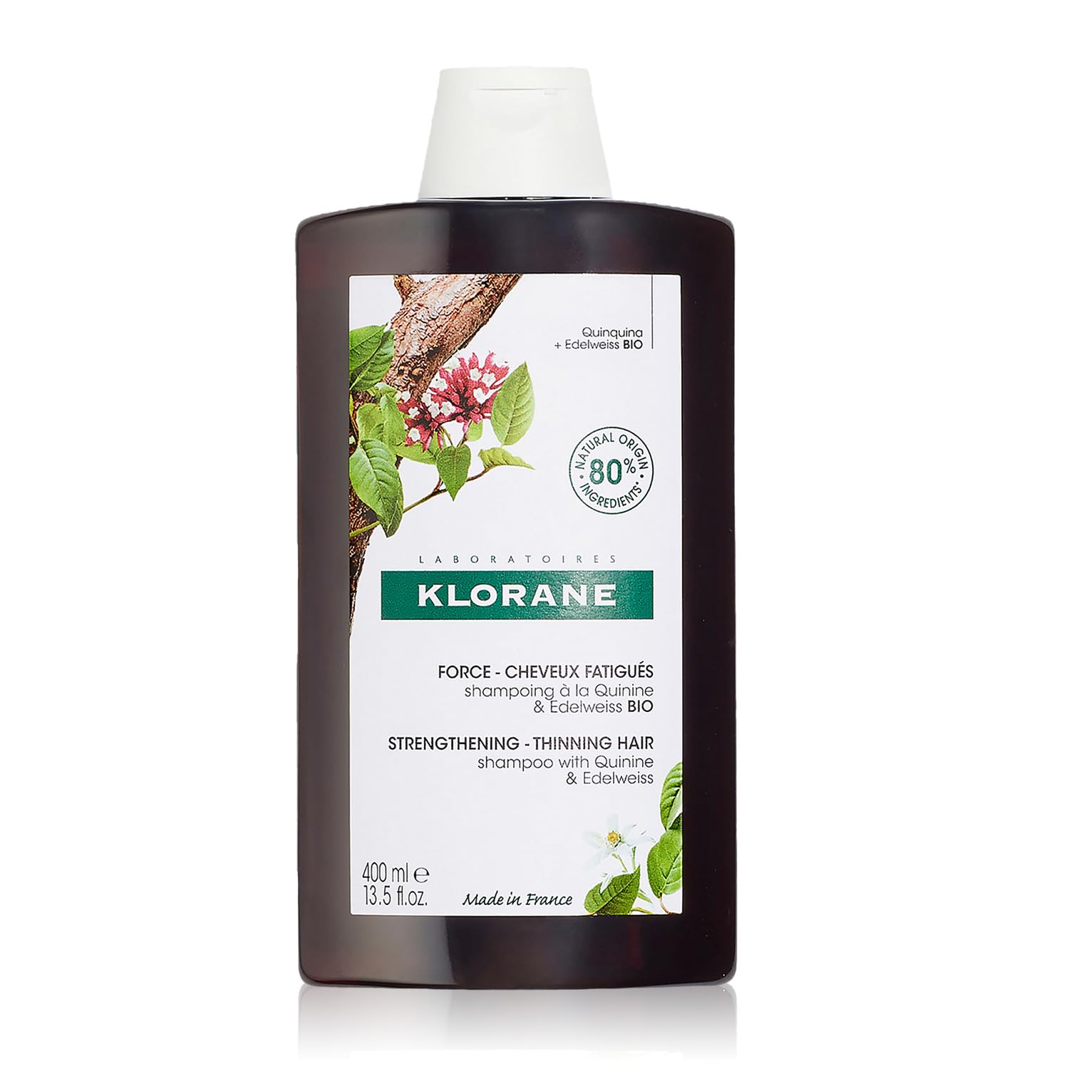 Klorane Strengthening Shampoo with Quinine and Edelweiss for Thinning Hair, Supports Thicker, Stronger, Healthier Hair, For Men and Women Paraben, Silicone and Sulfate Free, 13.5 Fl Oz