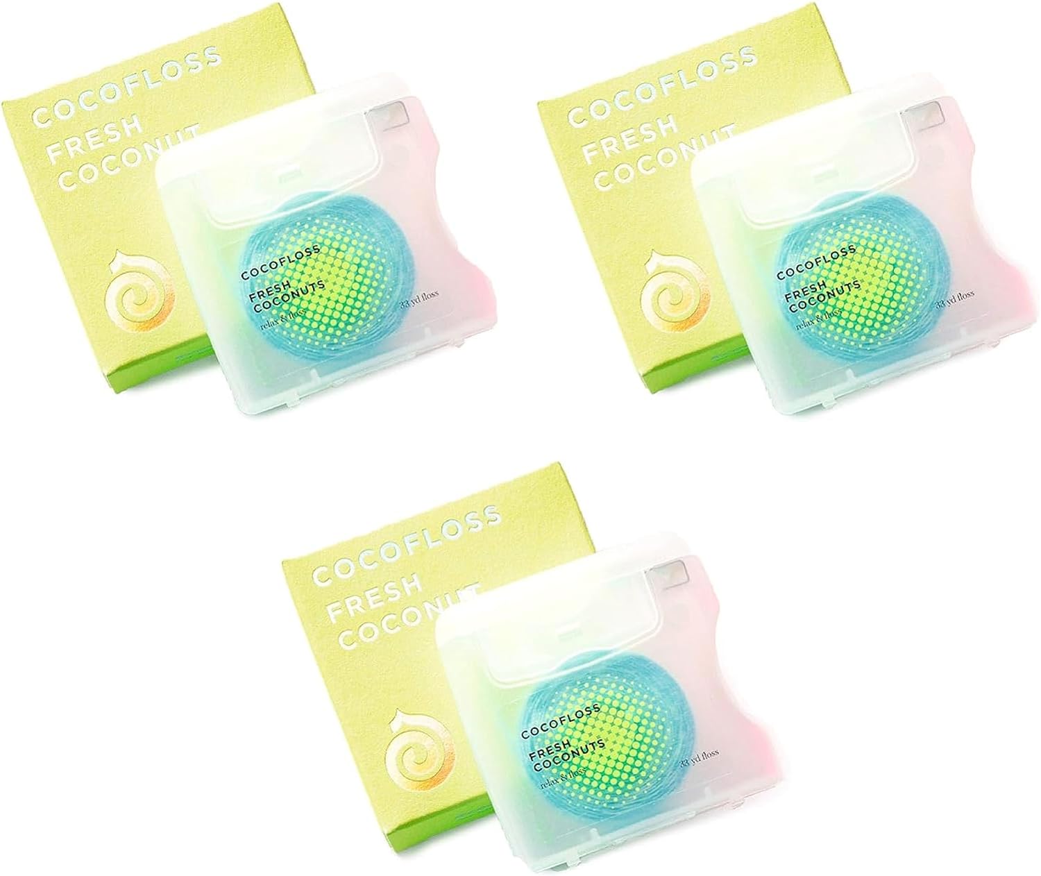 Cocofloss Woven Dental Floss, Dentist-Designed Oral Care, Coconut Scent, Waxed, Expanding, Kid-Friendly String Floss with Coconut Oil, 3 Spools (33 yd Each)