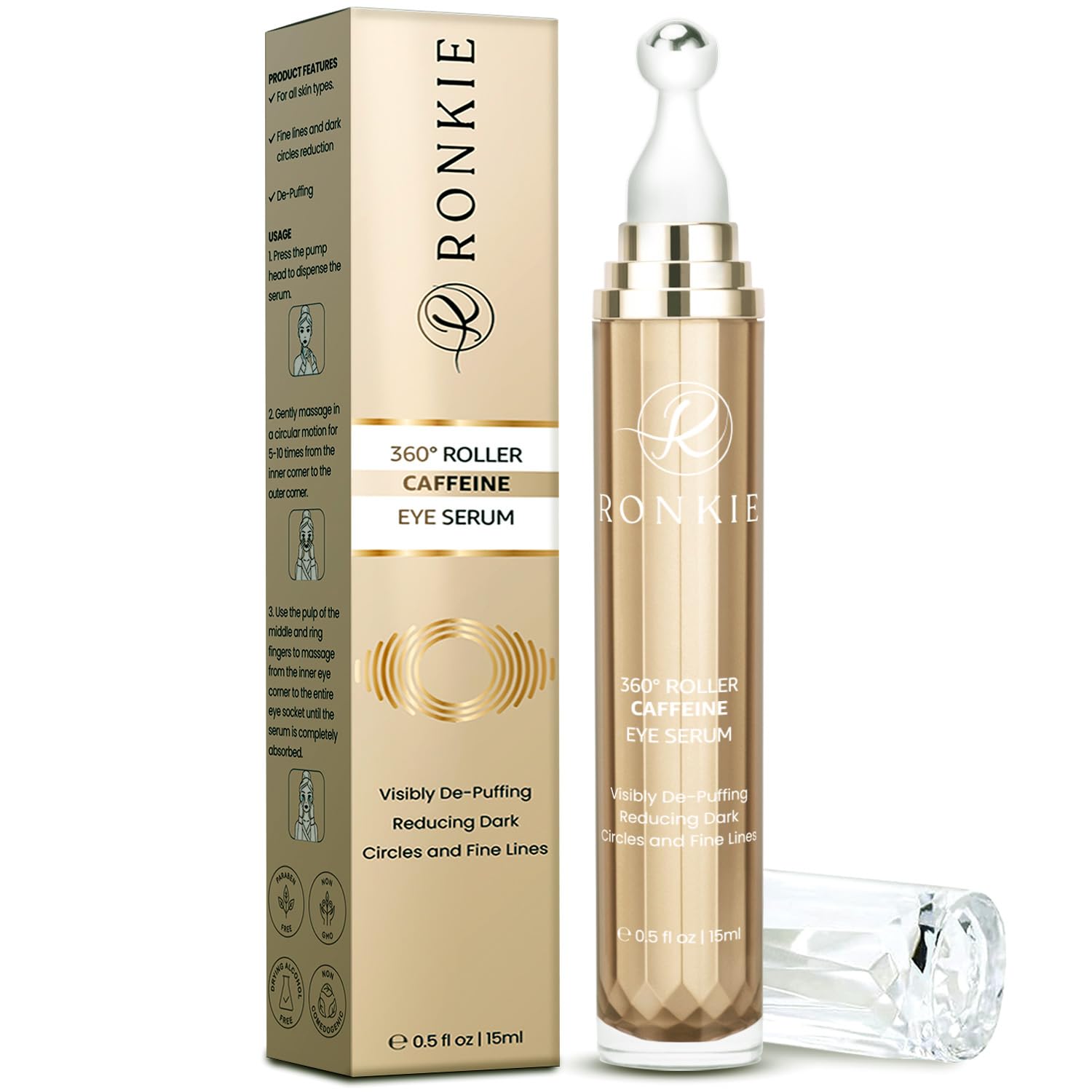 Eye Cream for Dark Circles and Puffiness: 5% Caffeine Eye Cream with 360¡ Roller - Under Eye Serum Hydrate Eye Area - Reduce Wrinkles and Fine Lines