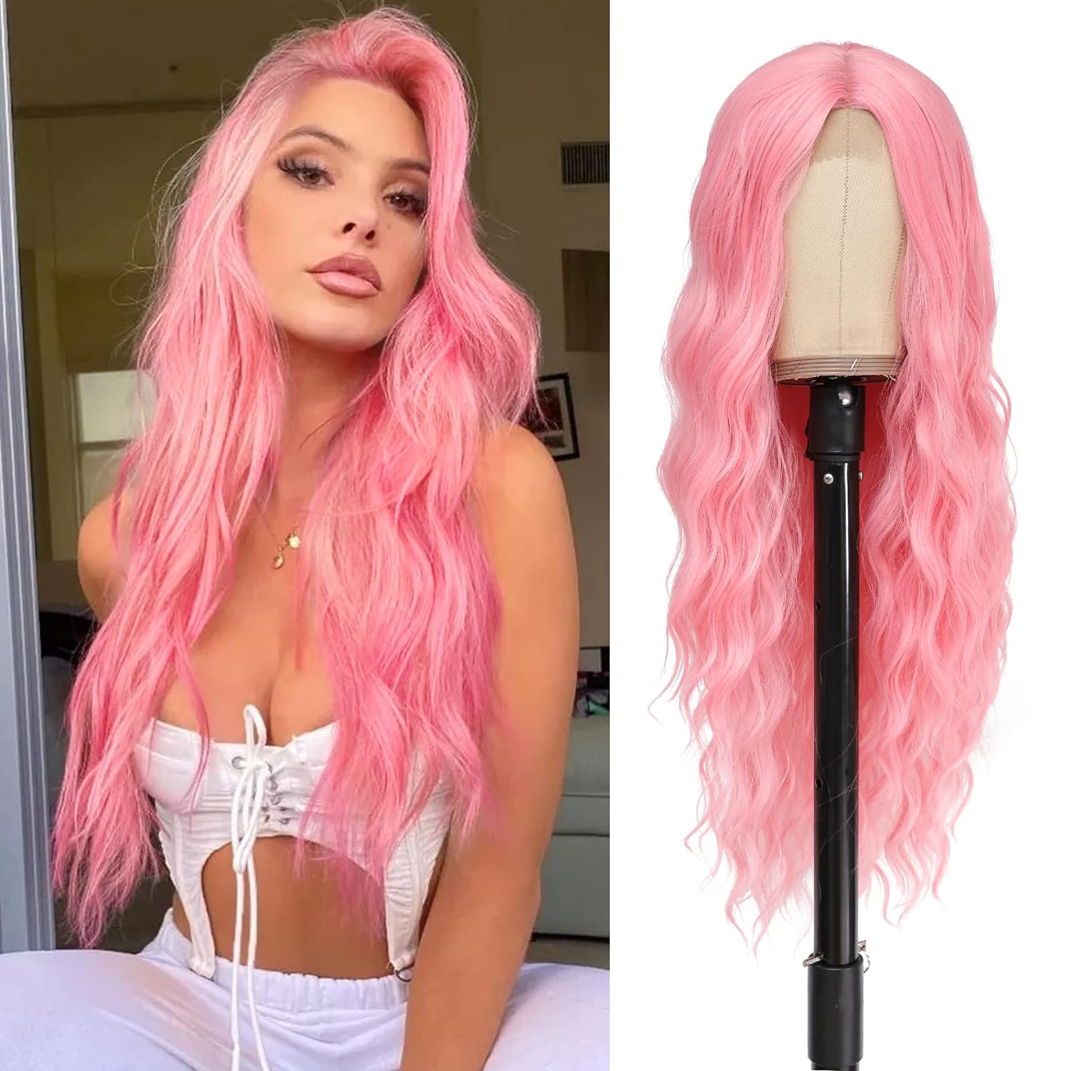 BUPPLER Halloween Wigs Cosplay Long Pink Wig 28 Inch Middle Part Synthetic Wig Realistic Halloween Gifts Party Wigs for Women Daily Use Colorful Wigs (Pink)