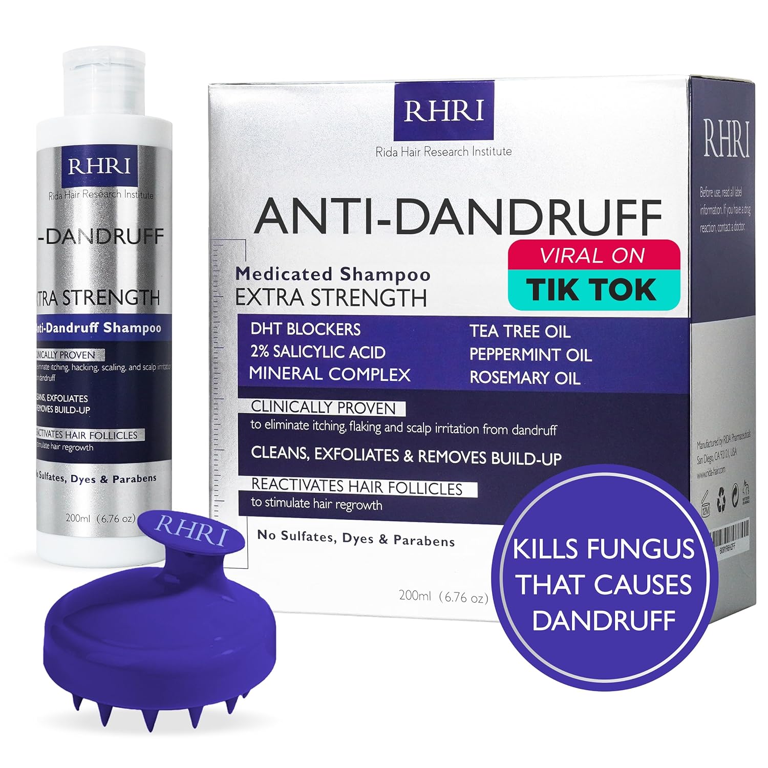 Anti Fungal Dandruff Mens Shampoo w/Dandruff Brush | Medicated, Clarifying, Psoriasis & Biotin Shampoo w/Salicylic Acid | For Dry, Itchy, Flaky, Irritated Scalp & Hair Growth (Blue)