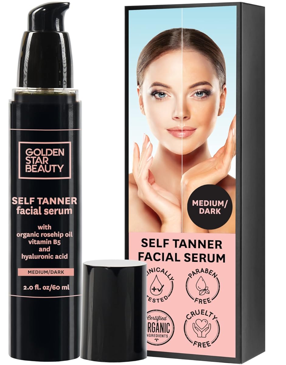 Face Tanner Ð Self Tan Serum w/Hyaluronic Acid and Organic Oils, Self Tanners Best Sellers, Facial Sunless Tanner for Natural Sunkissed Glow, Fake Tan Moisturizer, 2.0 fl (Medium/Dark)