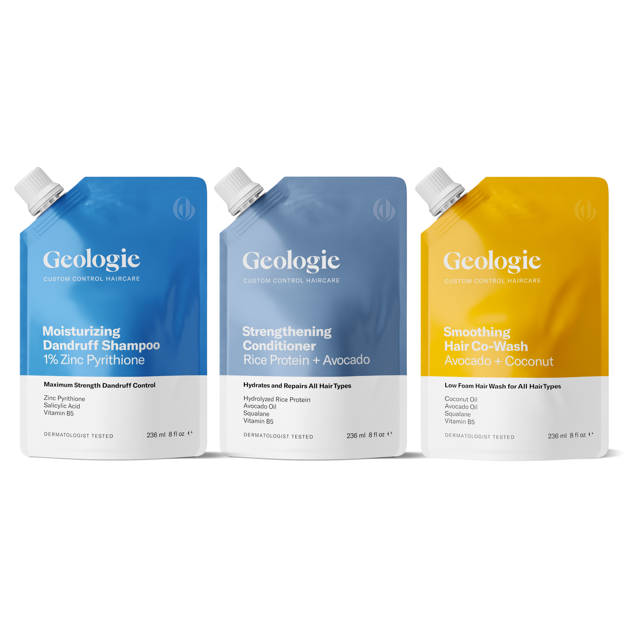 Three Geologie Anti-Dandruff Haircare Set products side by side: moisturizing shampoo, strengthening conditioner, and smoothing hair co-wash.